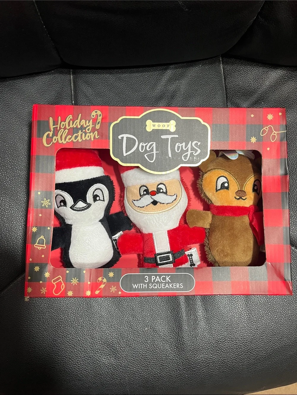 Woof Holiday Dog Toys 3-Pack | Santa Penguin Reindeer Squeaker Toys  NIB
